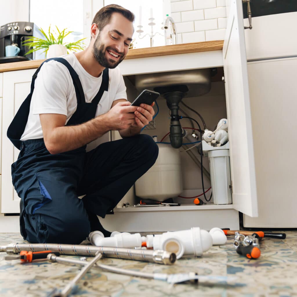 Plombier souriant accroupi sous un évier de cuisine, consultant son smartphone. Des outils et tuyaux sont au sol, près du filtre à eau.
